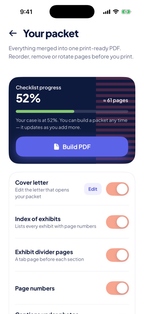 Packet screen: build one PDF of about 61 pages, with switches for a cover letter, an index of exhibits, divider pages and page numbers.